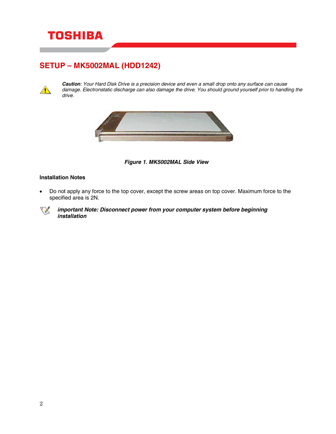 Toshiba user manual Setup MK5002MAL HDD1242, Installation Notes 