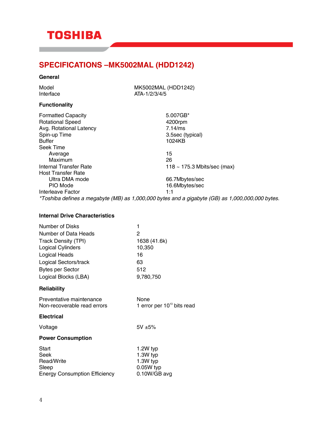 Toshiba user manual Specifications -MK5002MAL HDD1242 