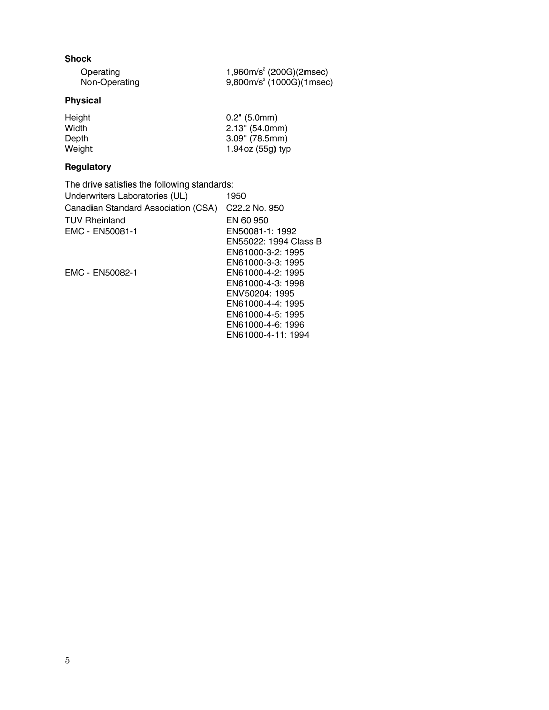 Toshiba MK5002MAL user manual Shock, Physical, Regulatory 