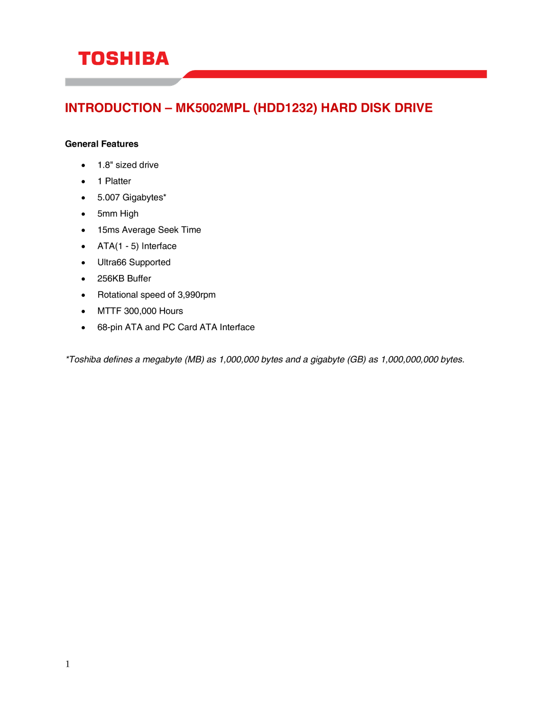 Toshiba user manual Introduction MK5002MPL HDD1232 Hard Disk Drive, General Features 