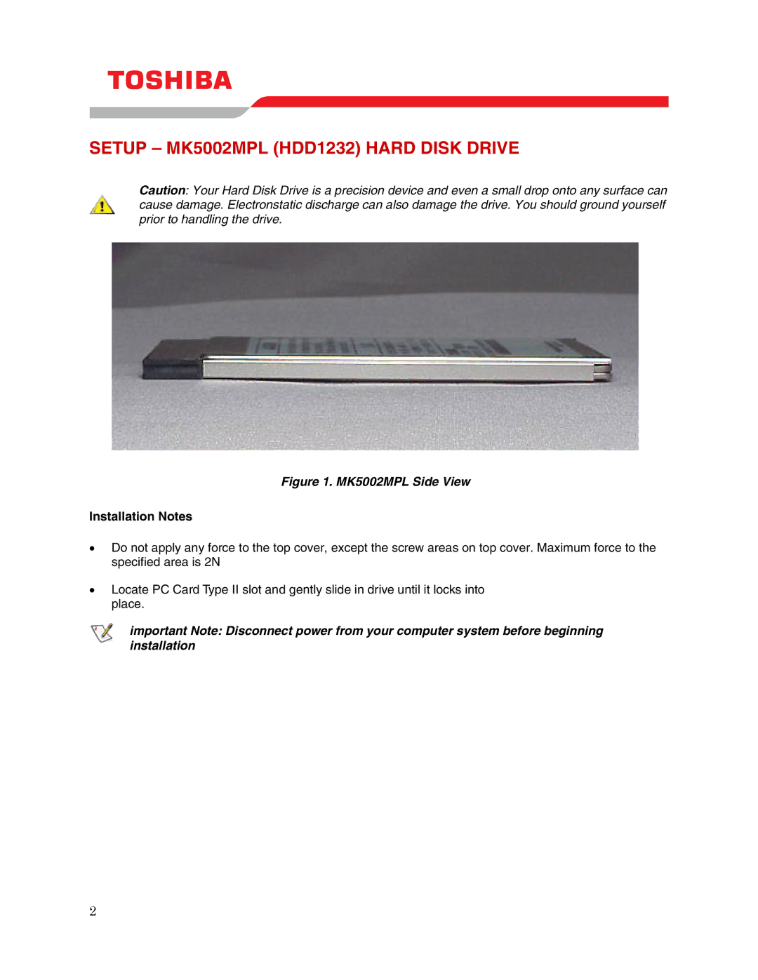 Toshiba user manual Setup MK5002MPL HDD1232 Hard Disk Drive, Installation Notes 