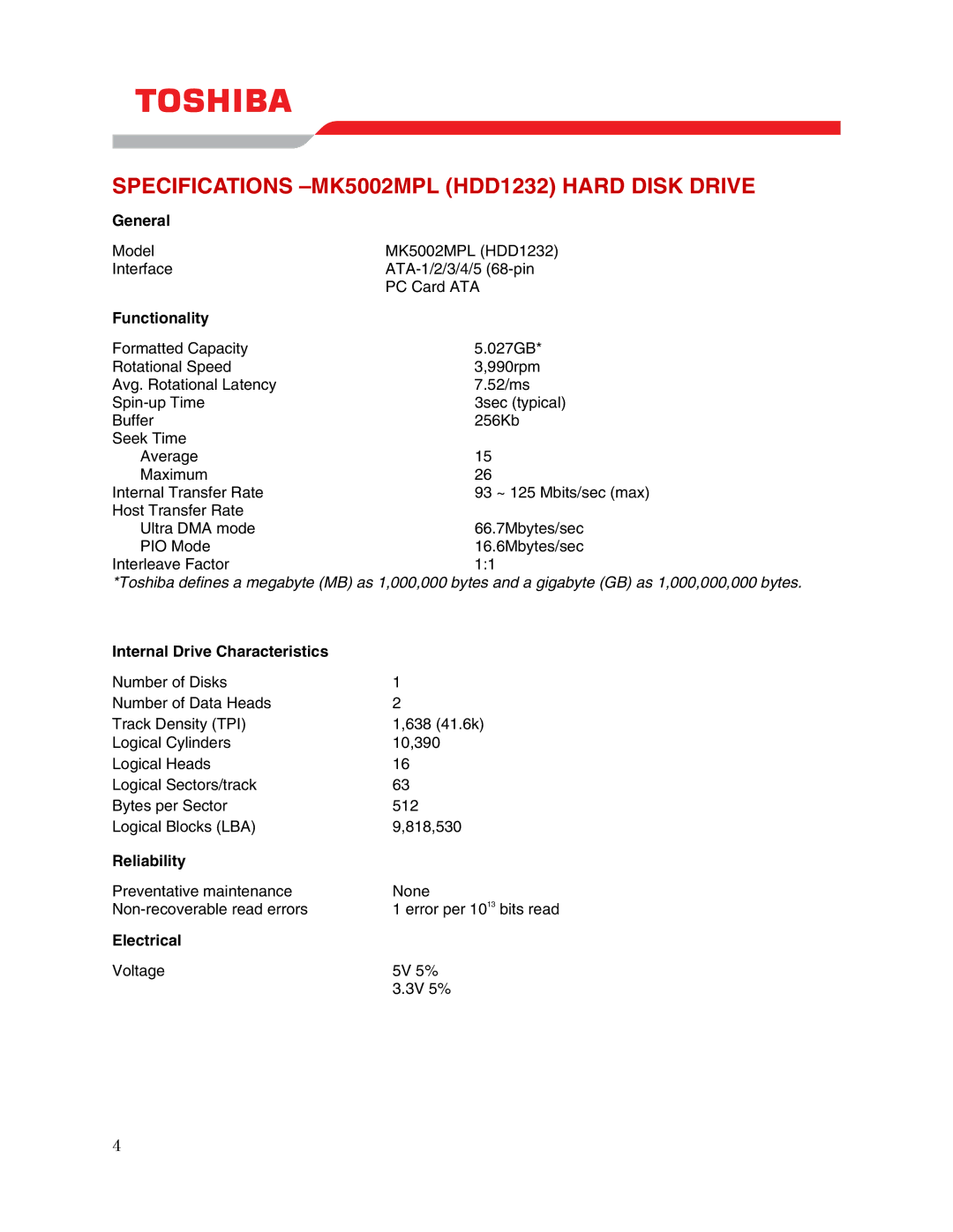 Toshiba user manual Specifications -MK5002MPL HDD1232 Hard Disk Drive 