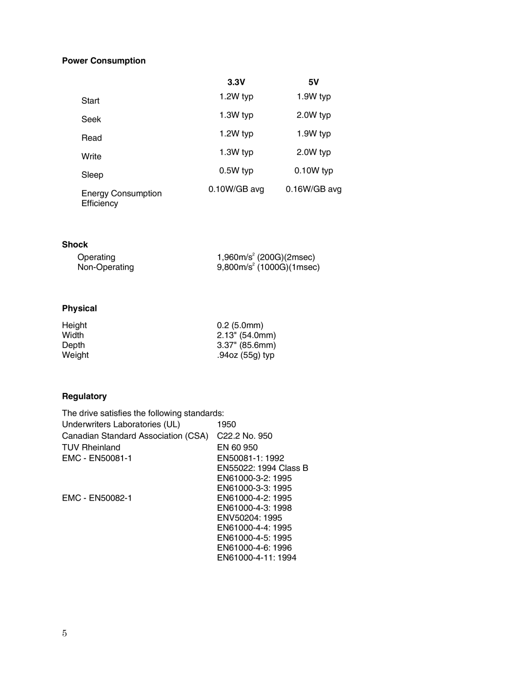 Toshiba MK5002MPL user manual Power Consumption, Shock, Physical, Regulatory 