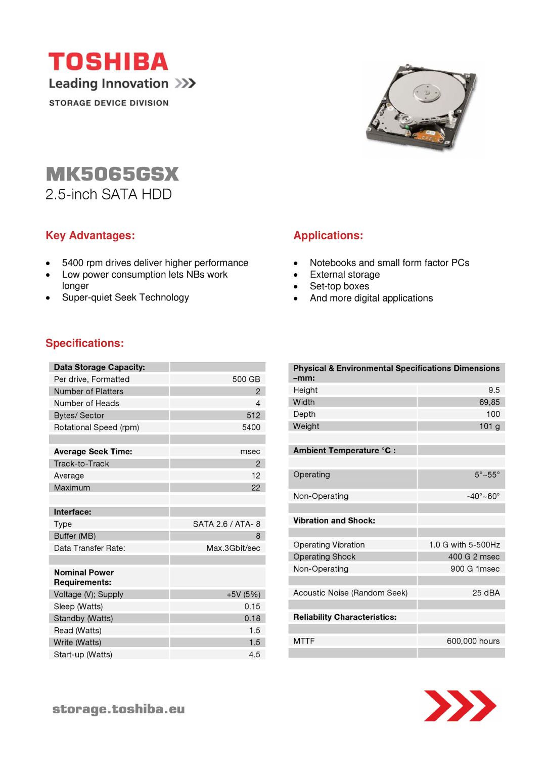 Toshiba MK5065GSXF specifications Inch Sata HDD, Key Advantages Applications, Specifications 