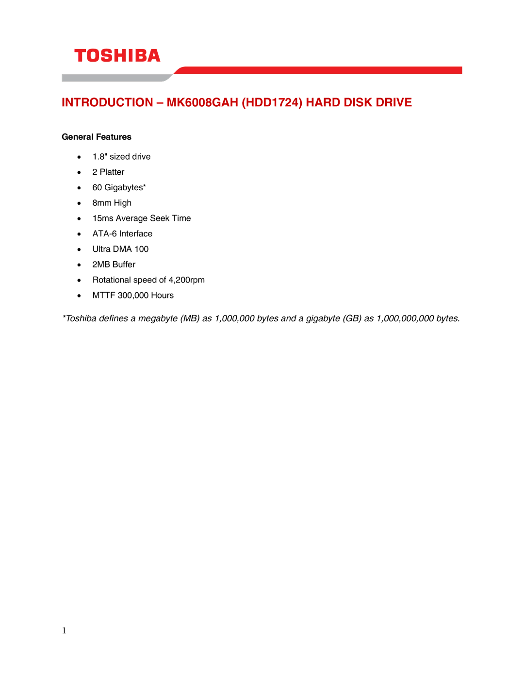 Toshiba user manual Introduction MK6008GAH HDD1724 Hard Disk Drive, General Features 