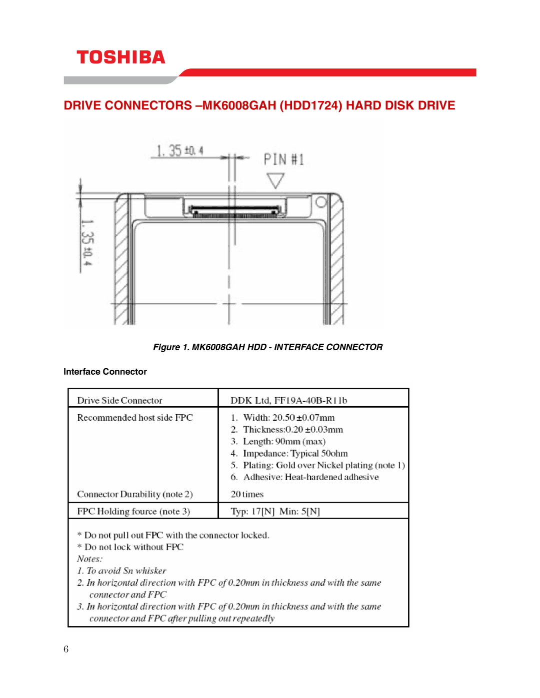 Toshiba user manual Drive Connectors -MK6008GAH HDD1724 Hard Disk Drive, Interface Connector 