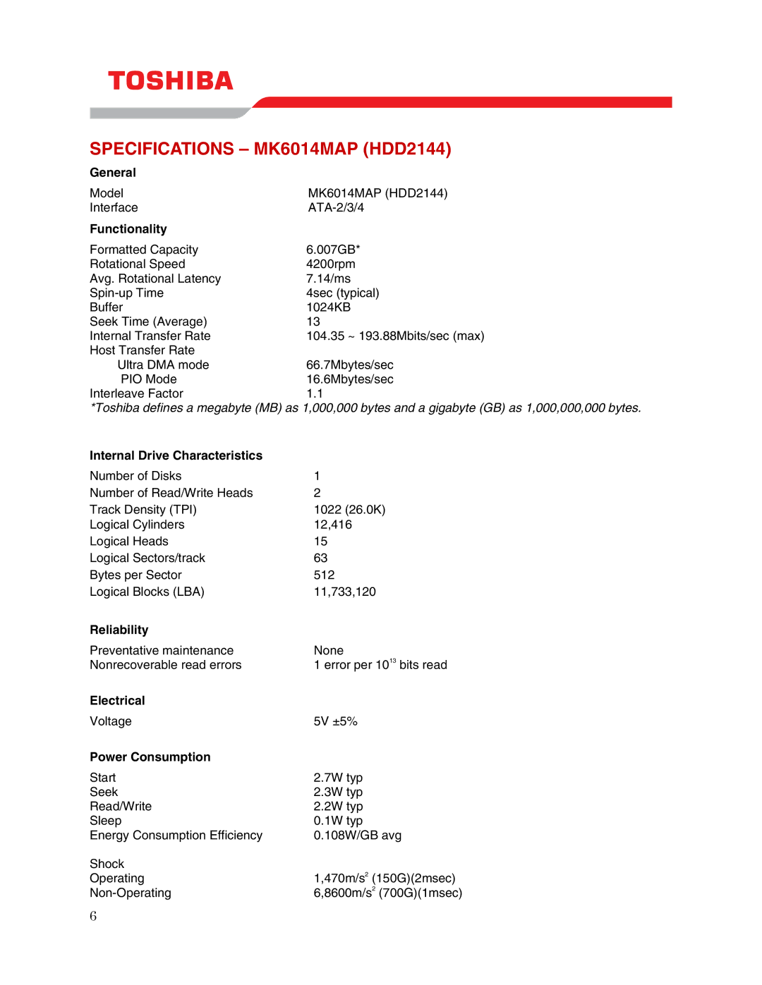 Toshiba user manual Specifications MK6014MAP HDD2144 