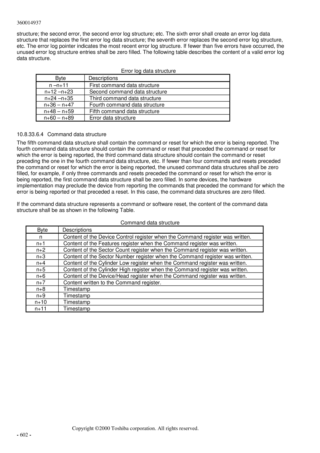 Toshiba MK6017MAP manual Command data structure 