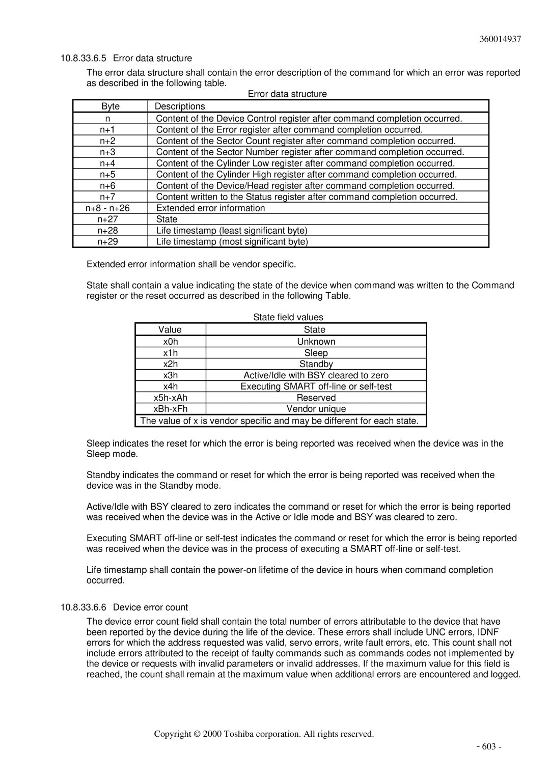 Toshiba MK6017MAP manual Error data structure 