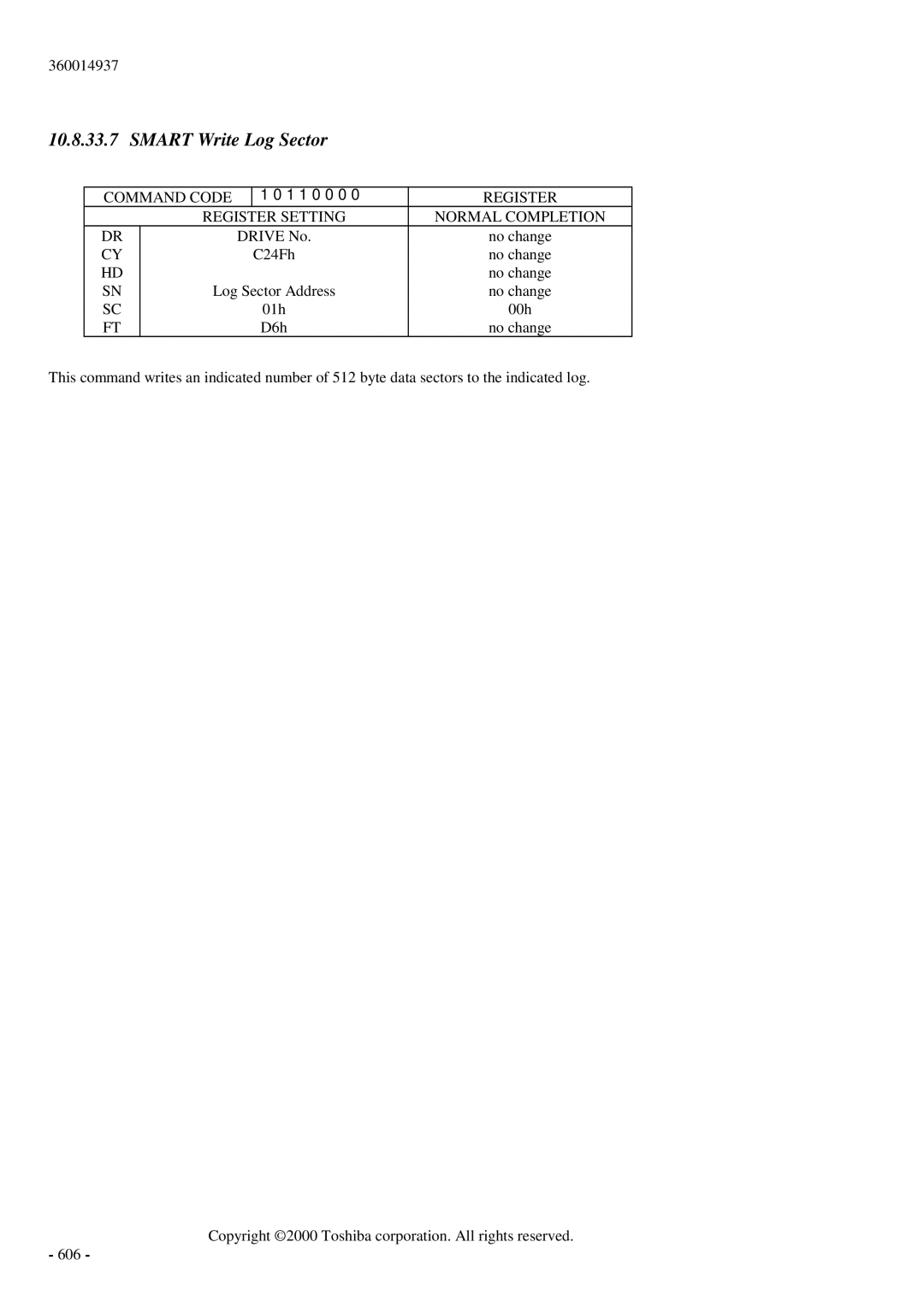 Toshiba MK6017MAP manual Smart Write Log Sector 