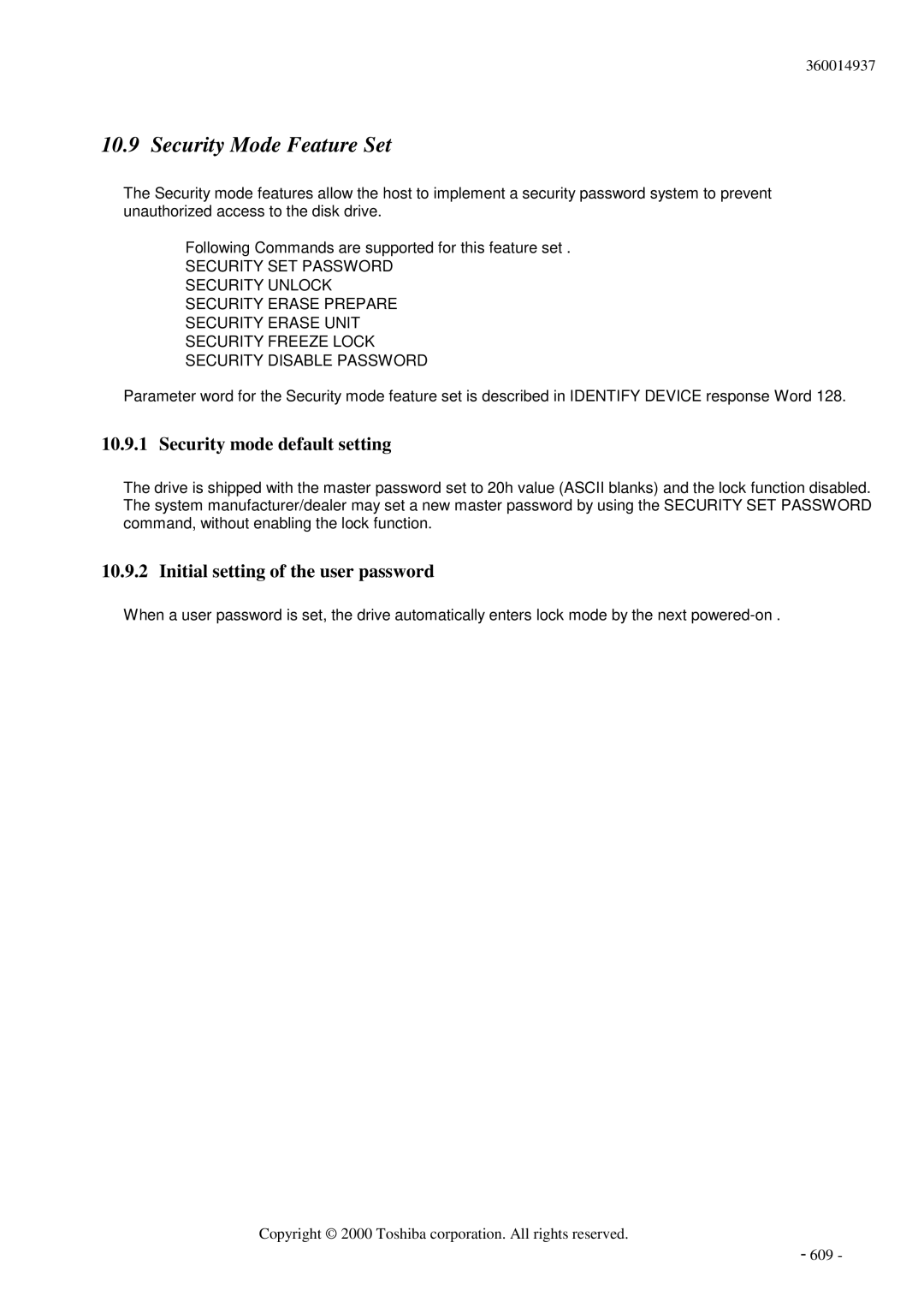 Toshiba MK6017MAP manual Security mode default setting, Initial setting of the user password 