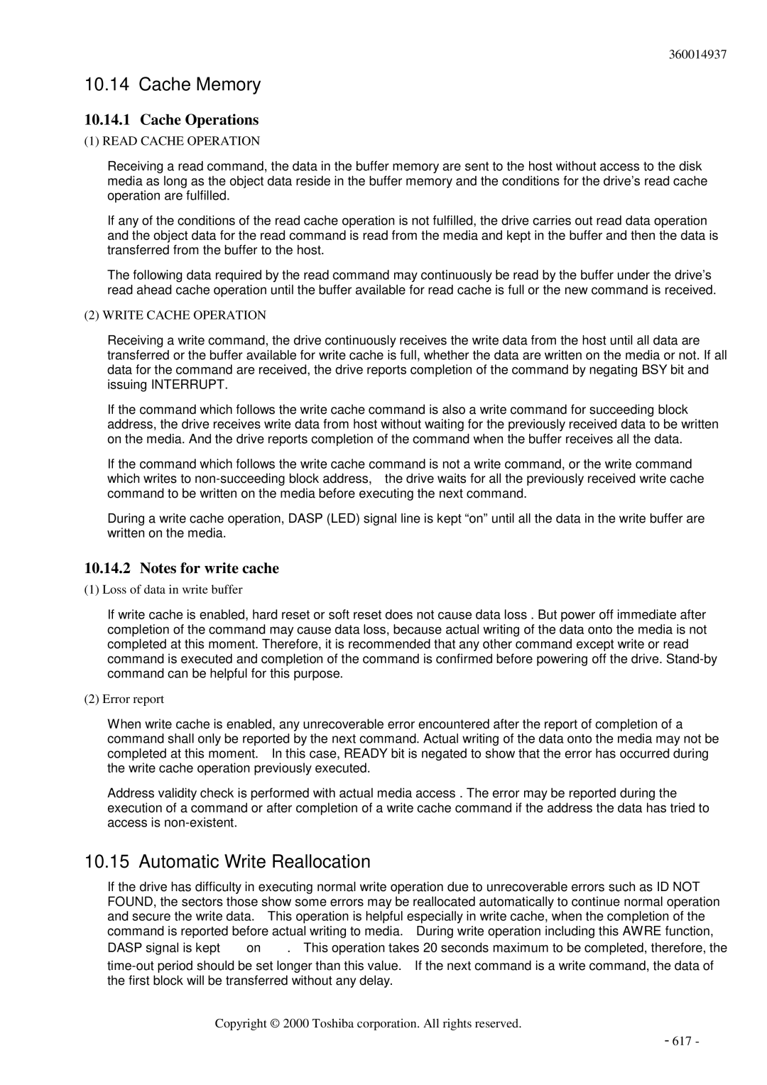 Toshiba MK6017MAP manual Cache Memory, Automatic Write Reallocation, Cache Operations 