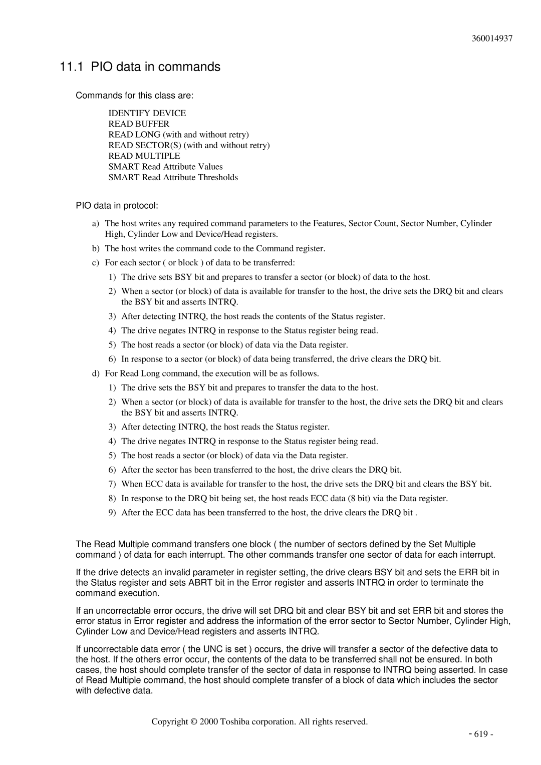 Toshiba MK6017MAP manual PIO data in commands, Commands for this class are 