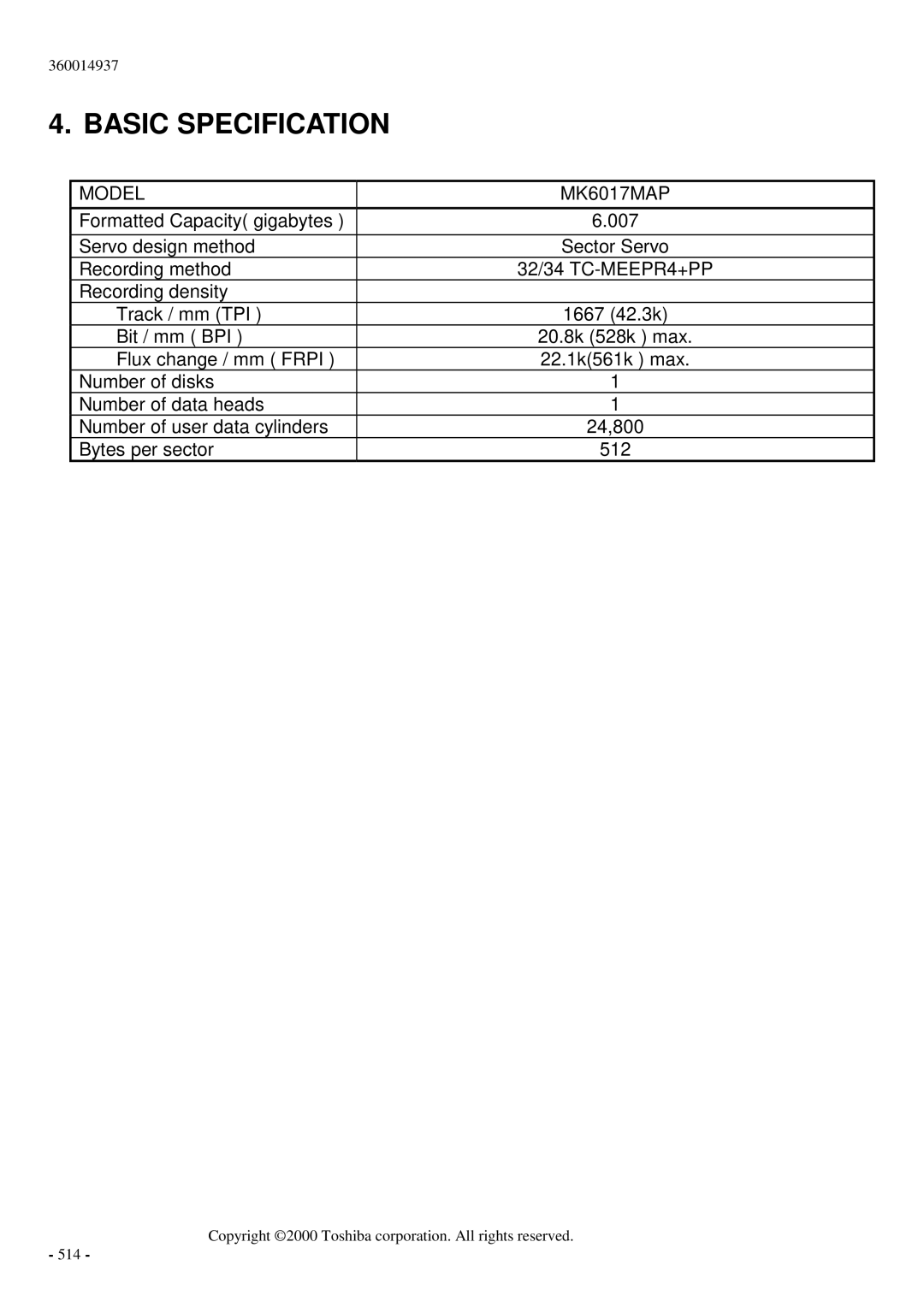 Toshiba MK6017MAP manual Basic Specification 