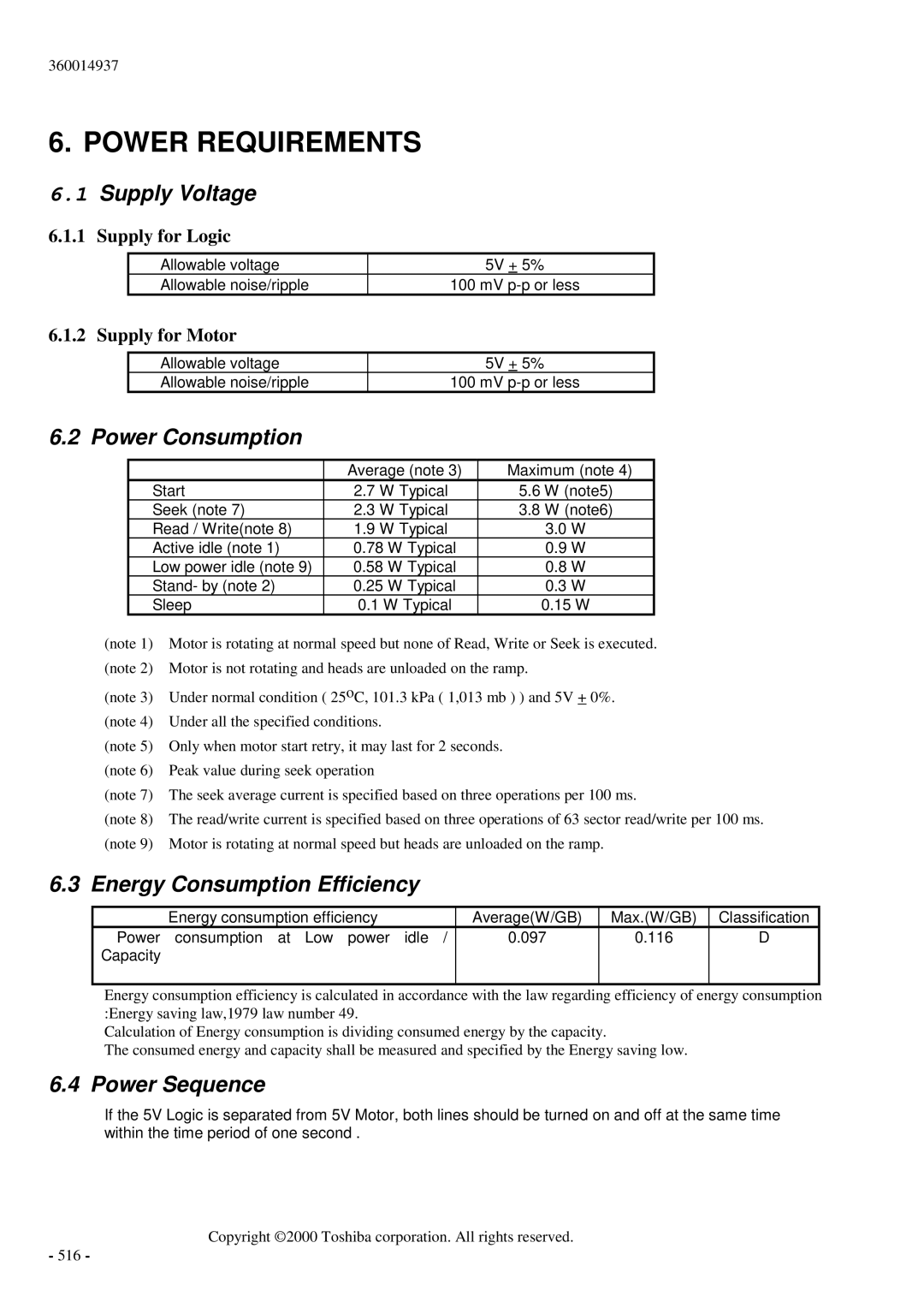 Toshiba MK6017MAP manual Supply Voltage, Power Consumption, Energy Consumption Efficiency, Power Sequence 