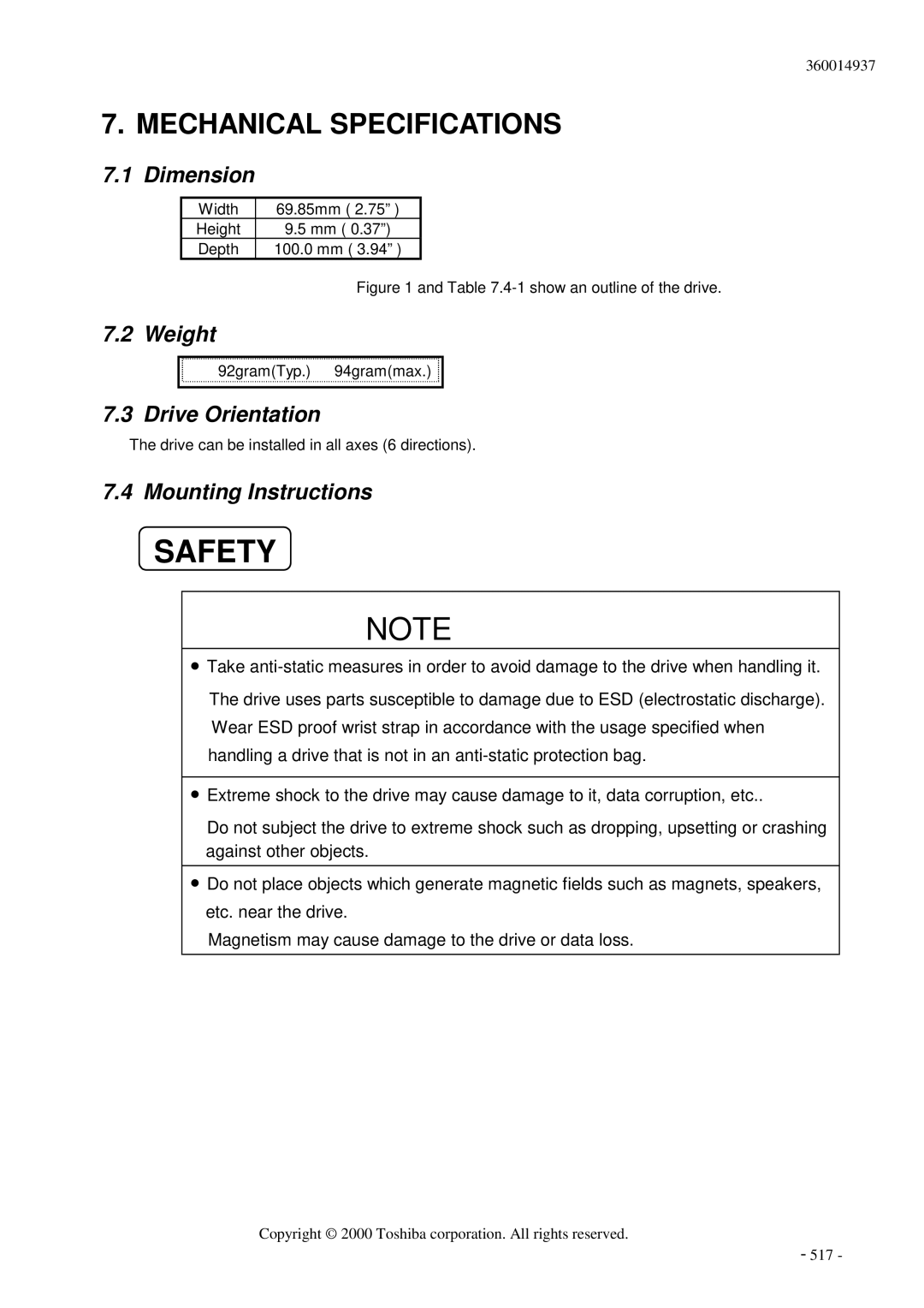 Toshiba MK6017MAP manual Dimension, Weight, Drive Orientation, Mounting Instructions 