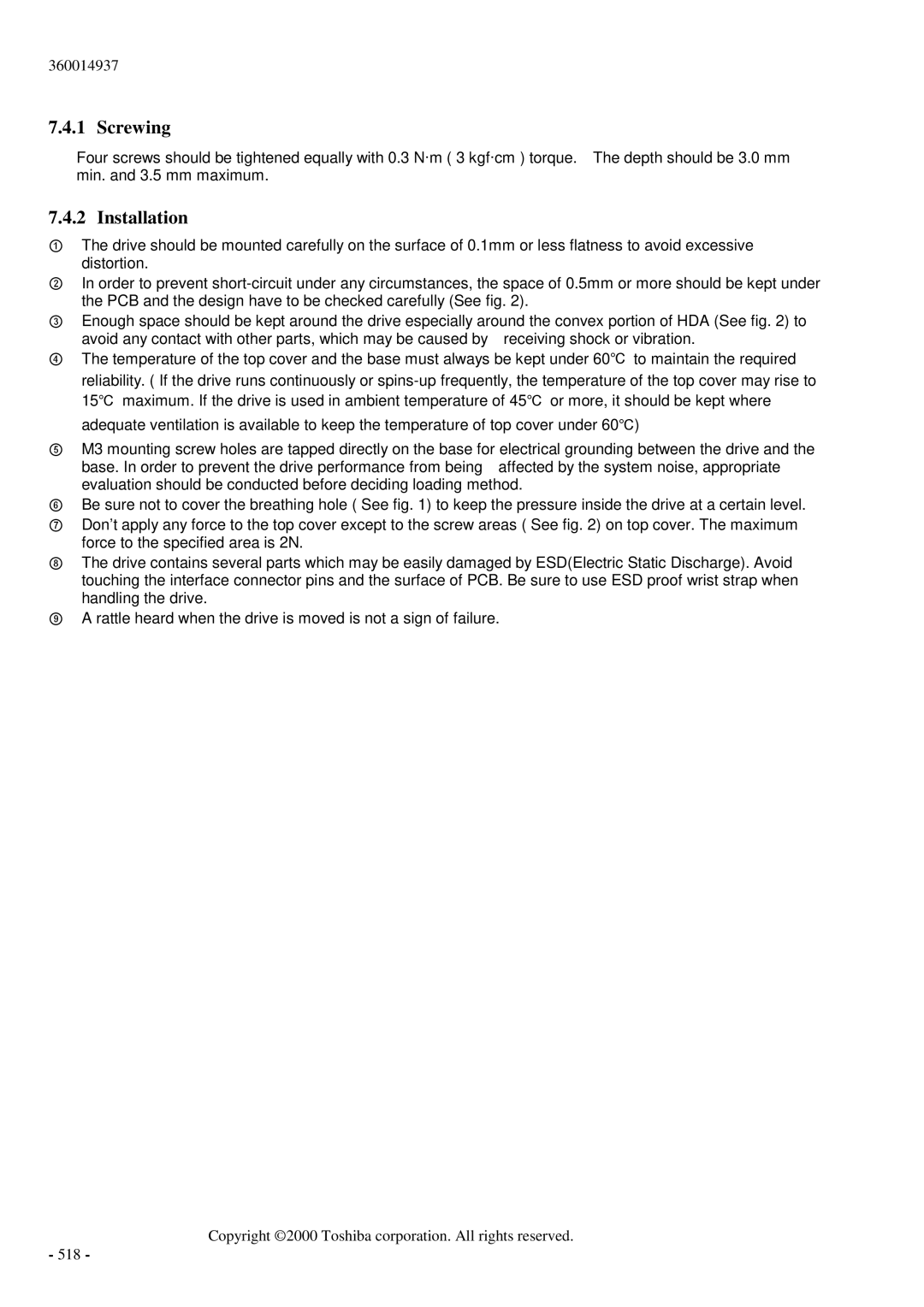 Toshiba MK6017MAP manual Screwing, Installation 