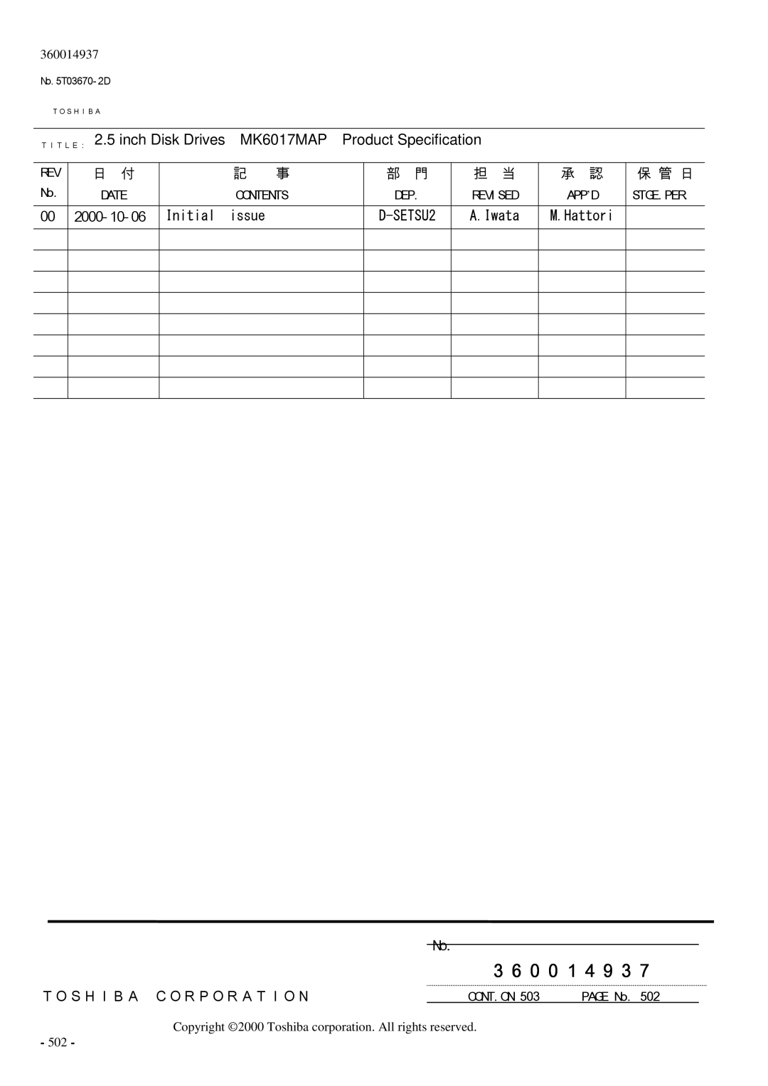 Toshiba MK6017MAP manual Contents, Revised, Stge.Per 