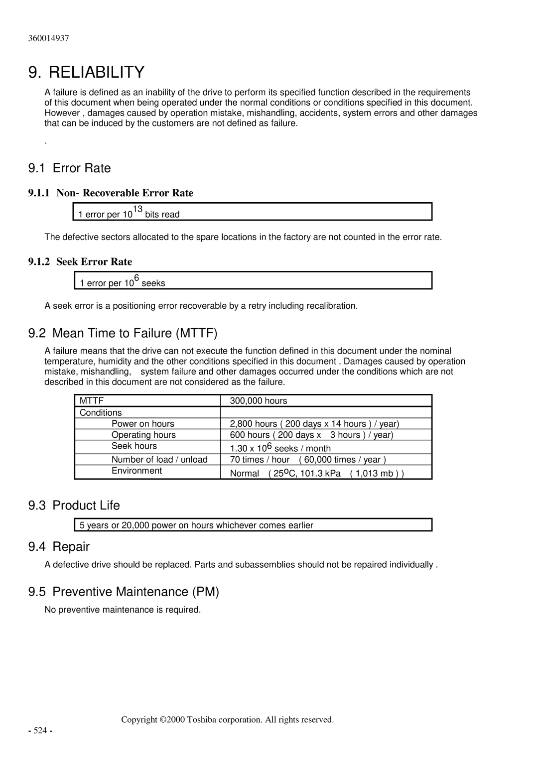 Toshiba MK6017MAP manual Error Rate, Mean Time to Failure Mttf, Product Life, Repair, Preventive Maintenance PM 