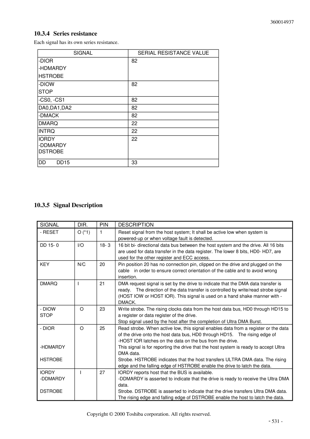 Toshiba MK6017MAP manual Series resistance, Signal Description 