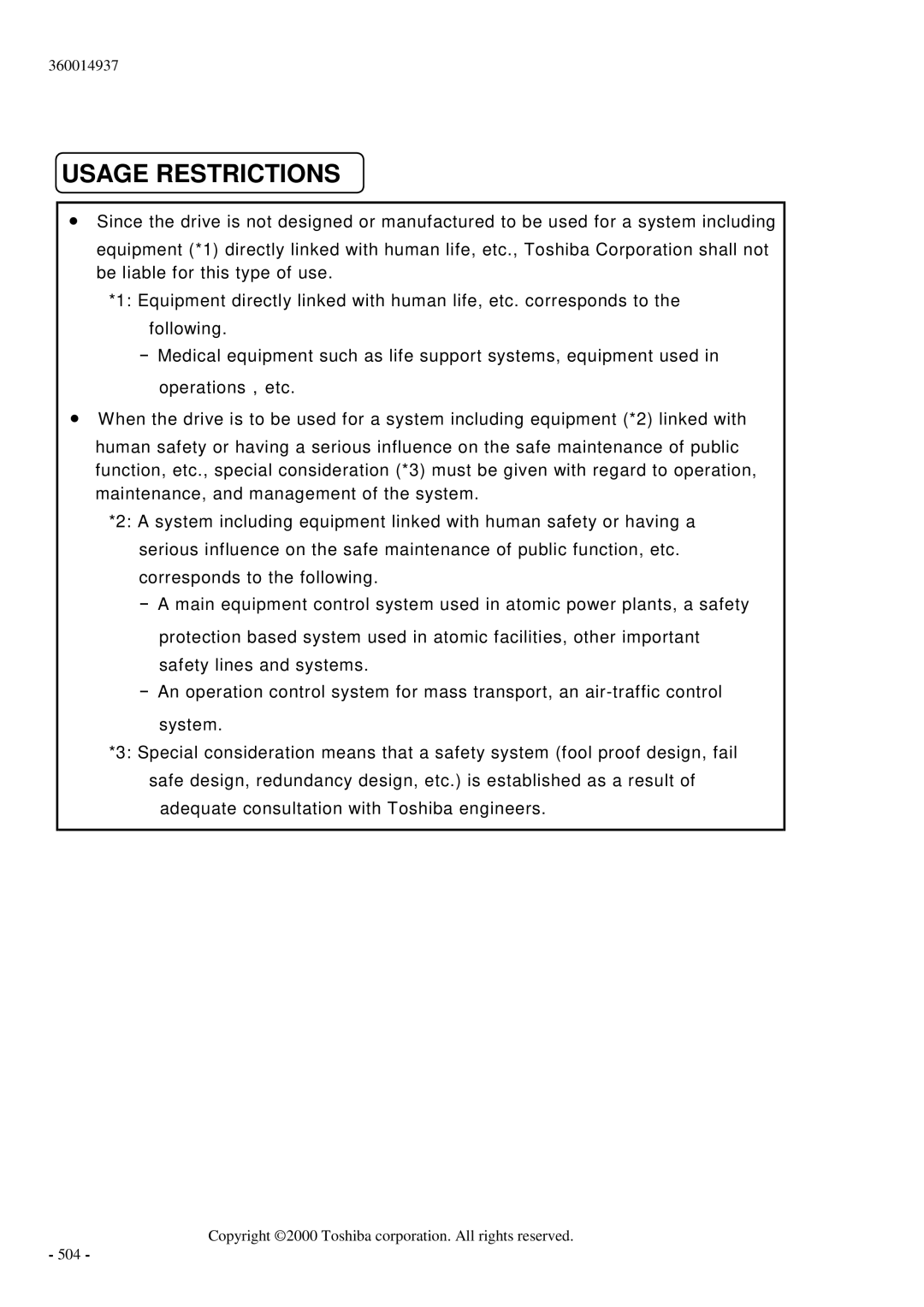 Toshiba MK6017MAP manual Usage Restrictions 