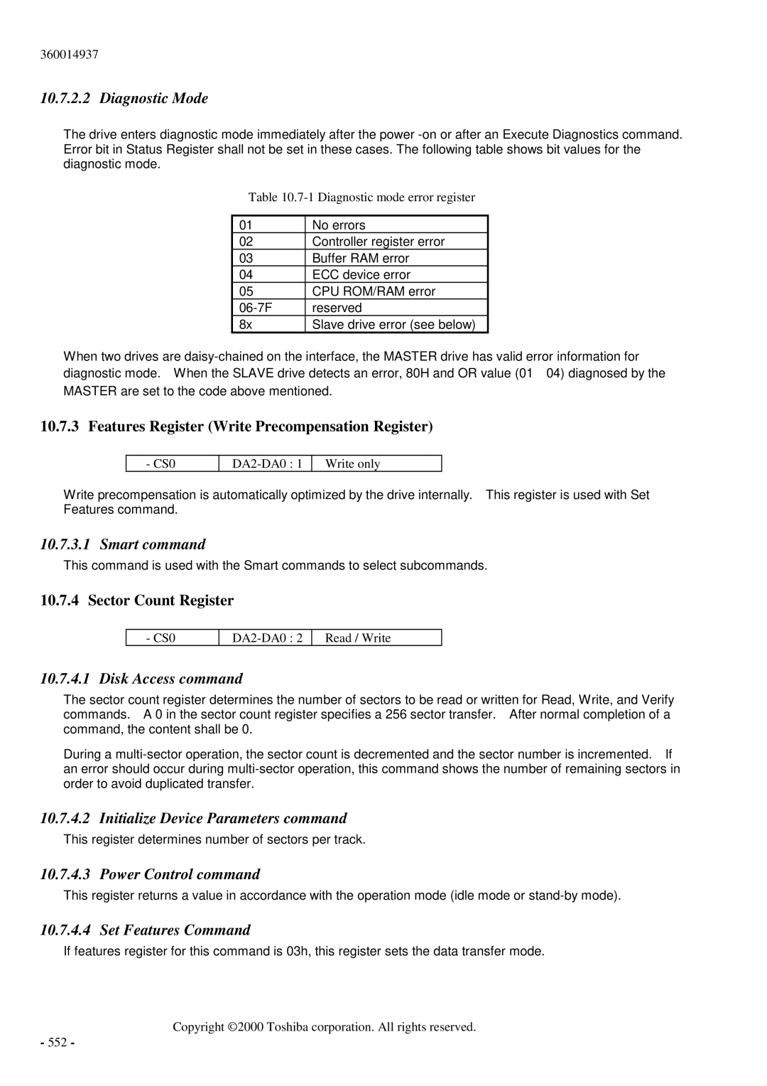 Toshiba MK6017MAP manual Diagnostic Mode, Smart command, Disk Access command, Initialize Device Parameters command 