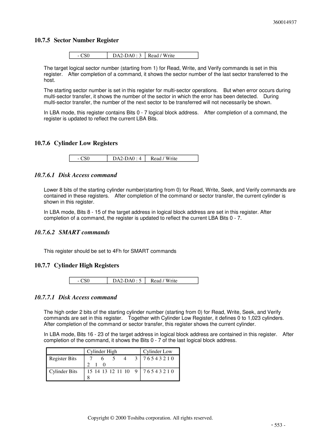 Toshiba MK6017MAP manual Sector Number Register, Cylinder Low Registers, Smart commands, Cylinder High Registers 