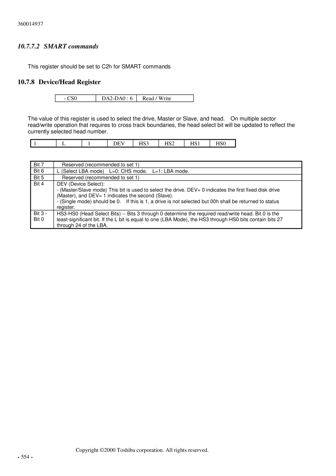 Toshiba MK6017MAP manual Device/Head Register, DEV HS3 HS2 HS1 HS0 