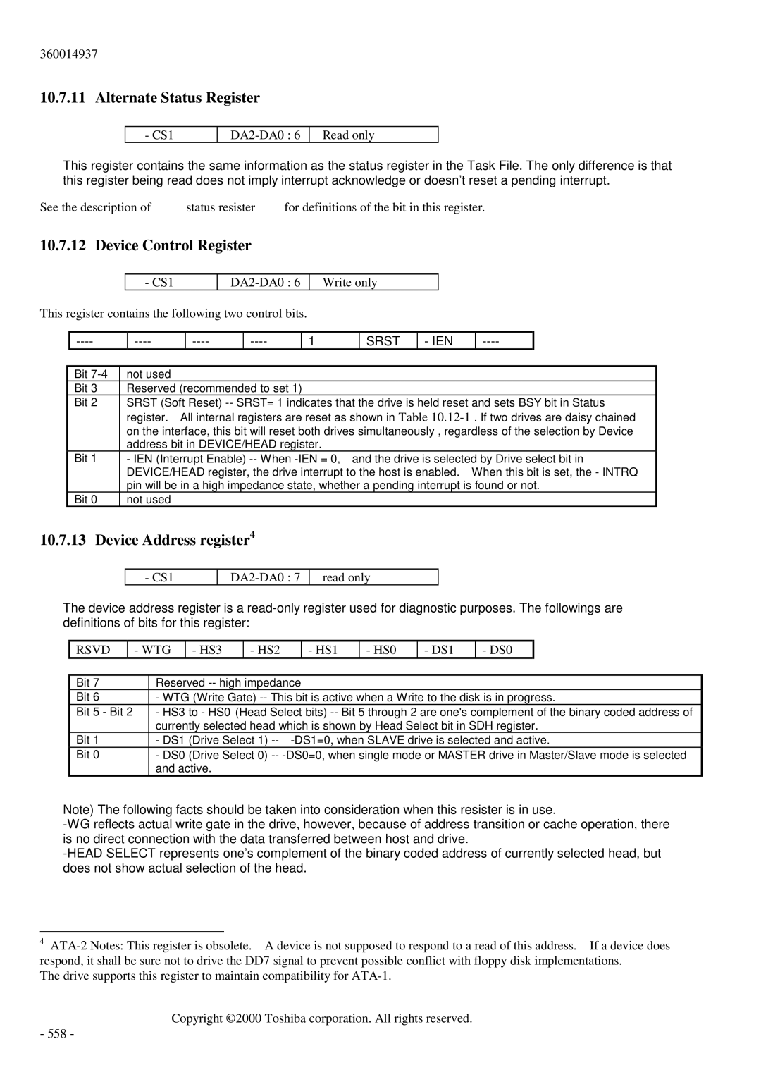 Toshiba MK6017MAP manual Alternate Status Register, Device Control Register, Device Address register4, Srst IEN 