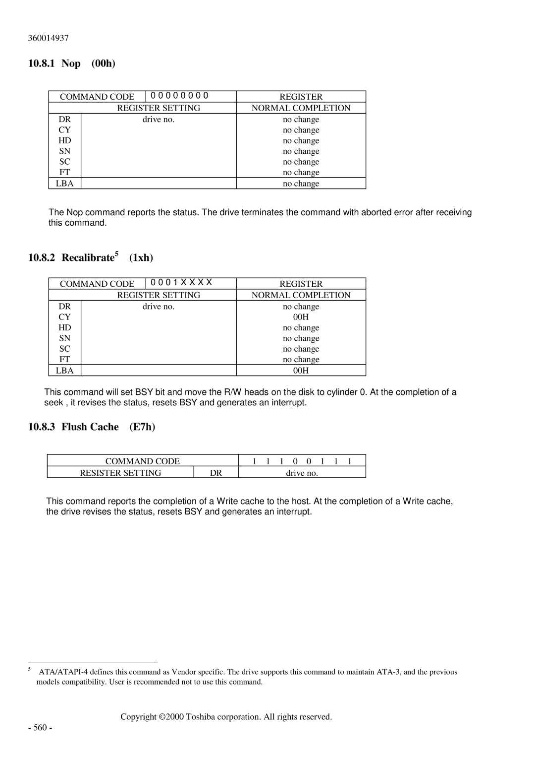 Toshiba MK6017MAP manual Nop 00h, Recalibrate5 1xh, Flush Cache E7h 