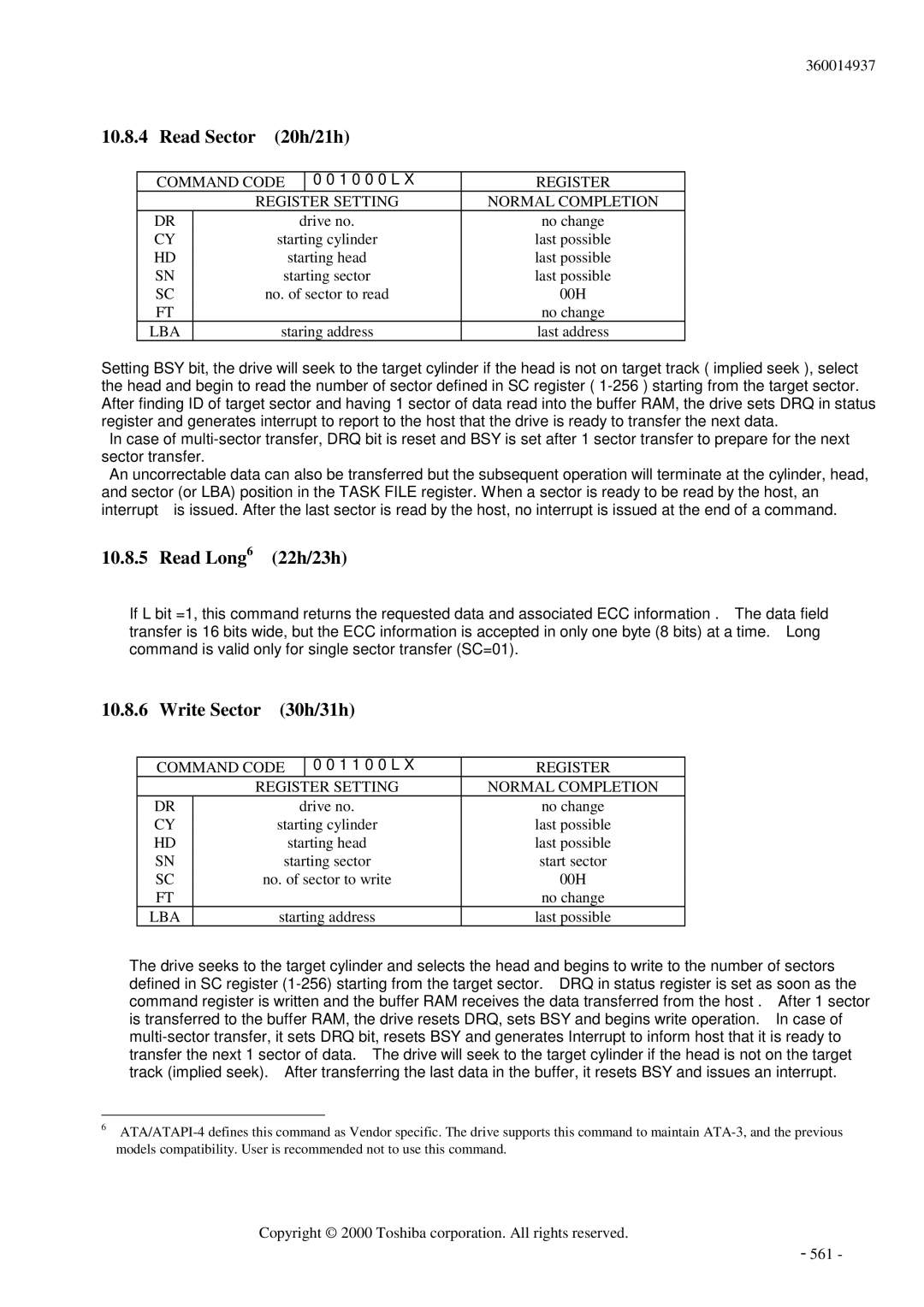 Toshiba MK6017MAP manual Read Sector 20h/21h, Read Long6 22h/23h, Write Sector 30h/31h 