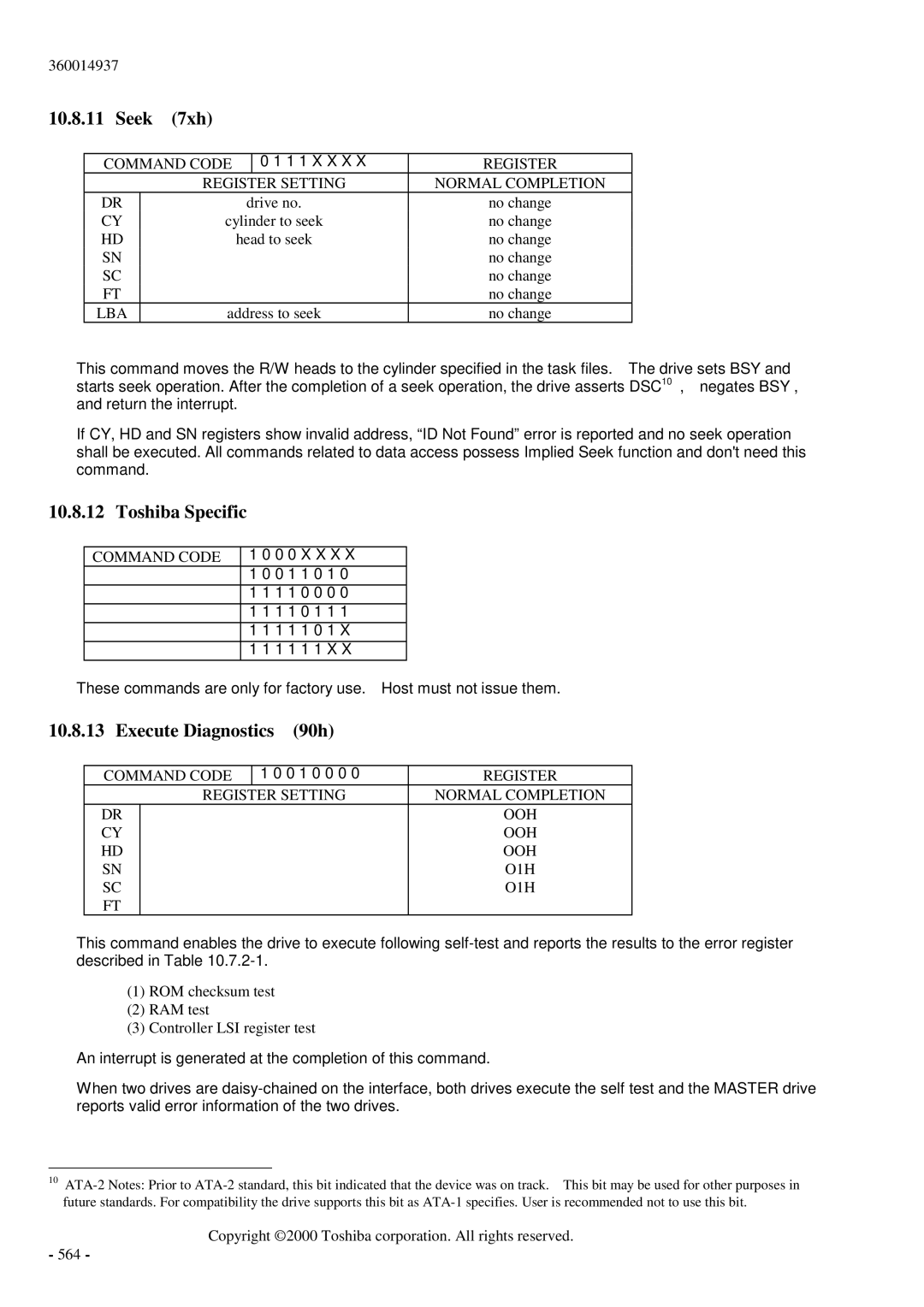 Toshiba MK6017MAP manual Seek 7xh, Toshiba Specific, Execute Diagnostics 90h 