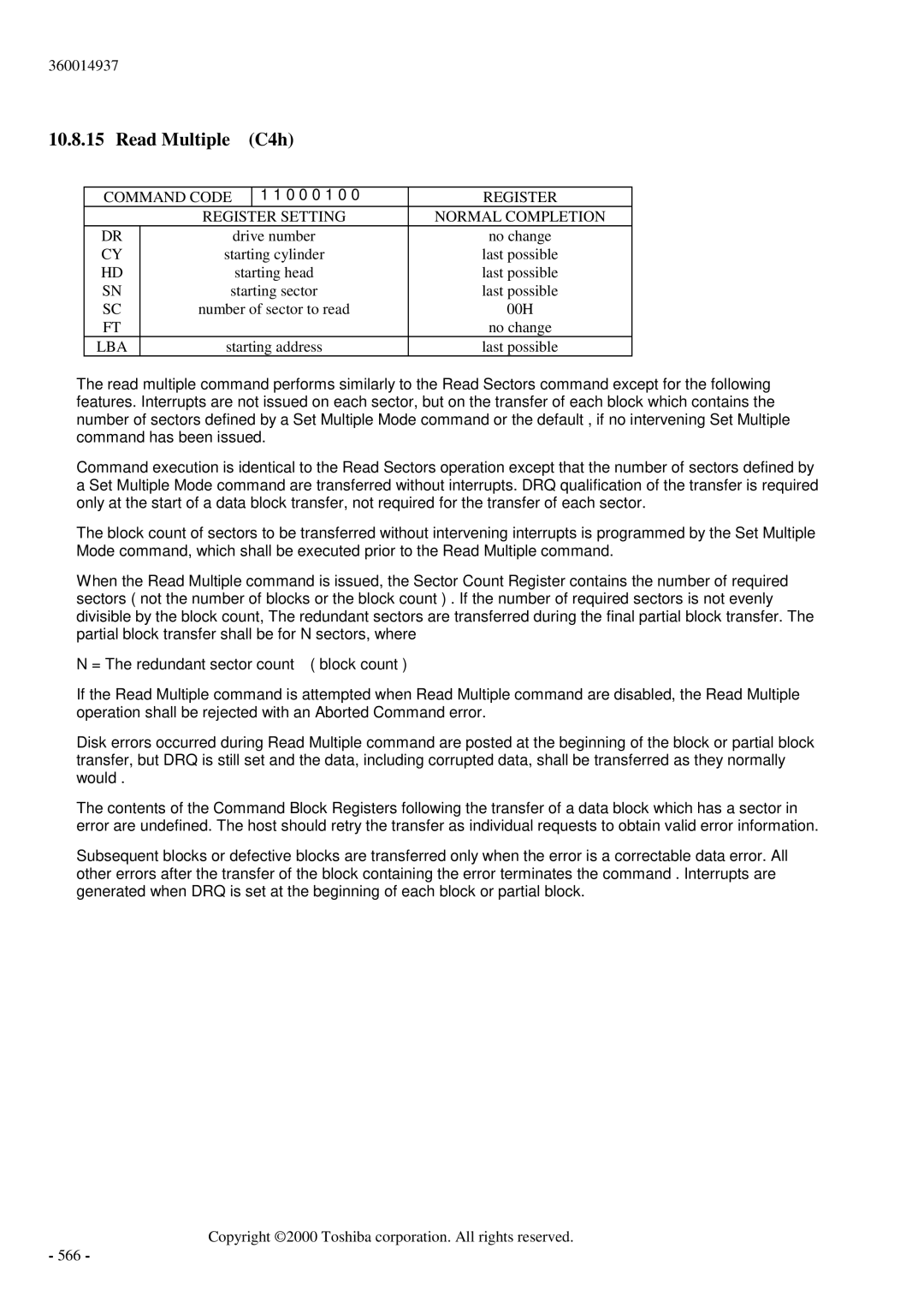 Toshiba MK6017MAP manual Read Multiple C4h 