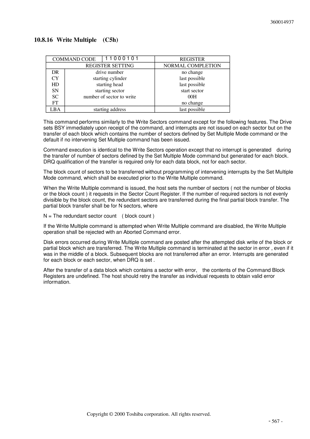 Toshiba MK6017MAP manual Write Multiple C5h 