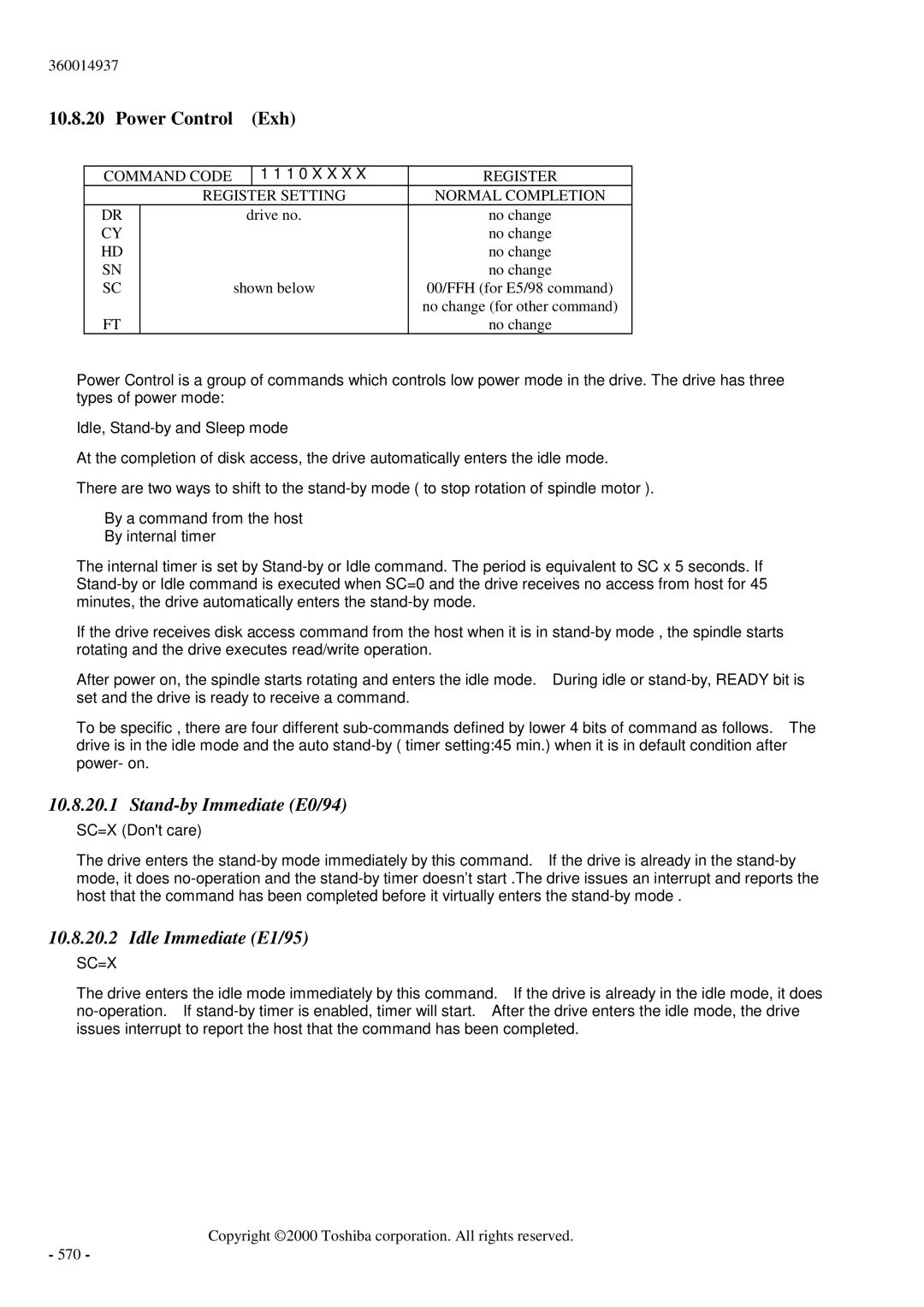 Toshiba MK6017MAP manual Power Control Exh, Stand-by Immediate E0/94, Idle Immediate E1/95, Sc=X 