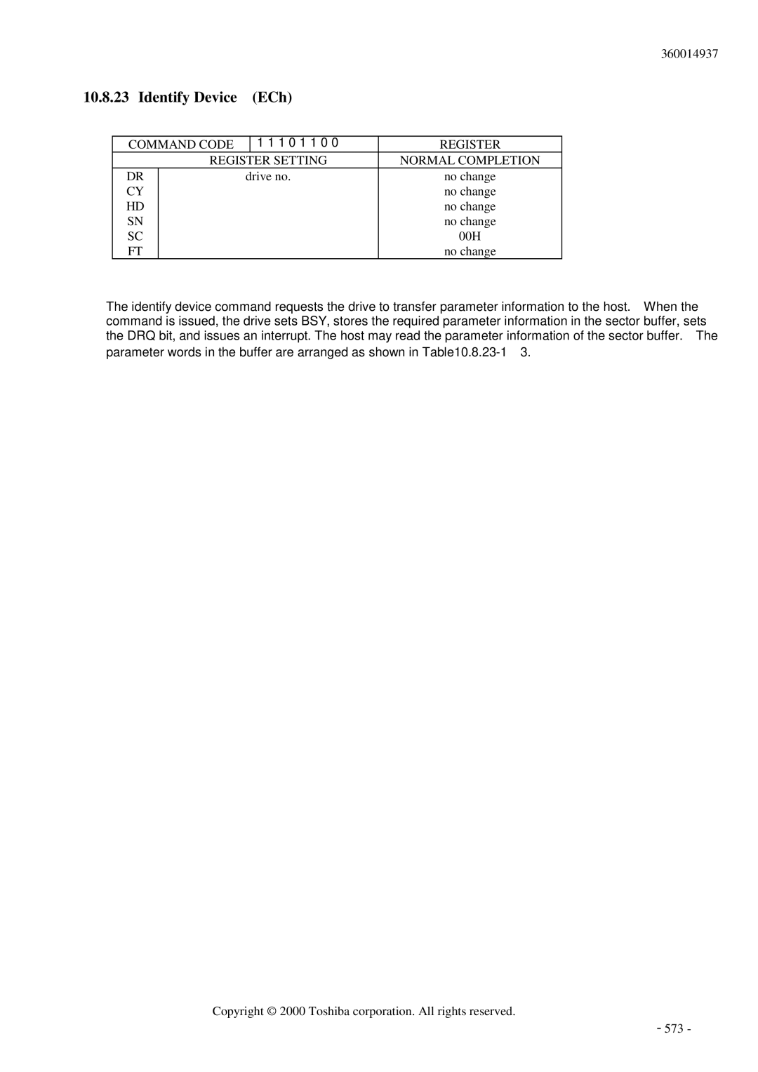 Toshiba MK6017MAP manual Identify Device ECh 