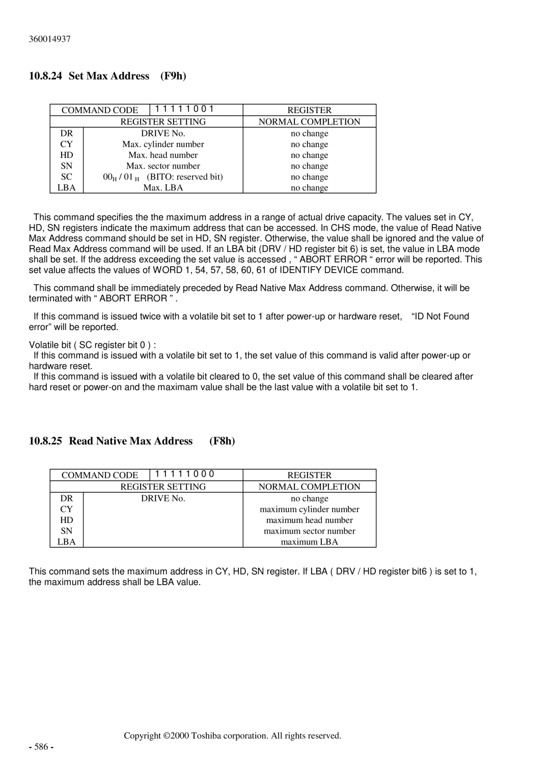 Toshiba MK6017MAP manual Set Max Address F9h, Read Native Max Address F8h 