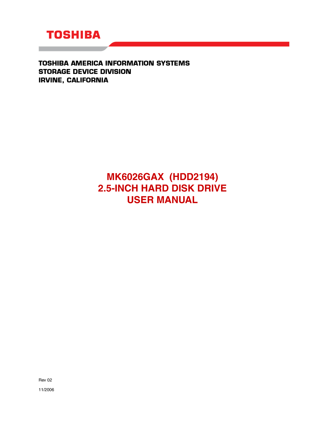 Toshiba MK6026GAX user manual Inch Hard Disk Drive 