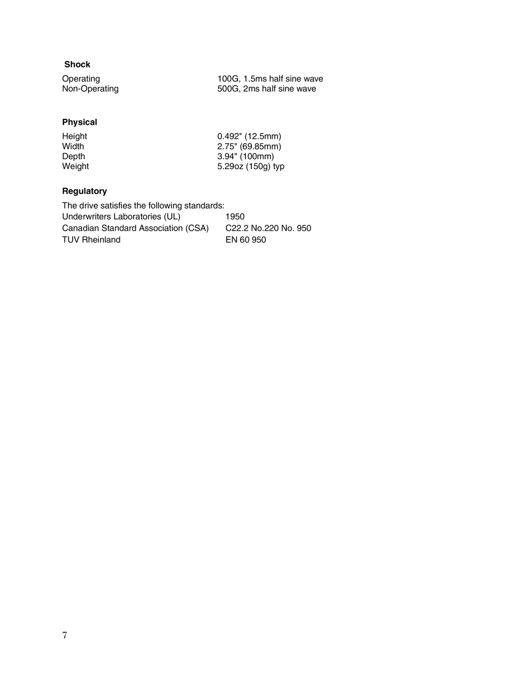 Toshiba MK6409MAV user manual Shock, Physical, Regulatory 