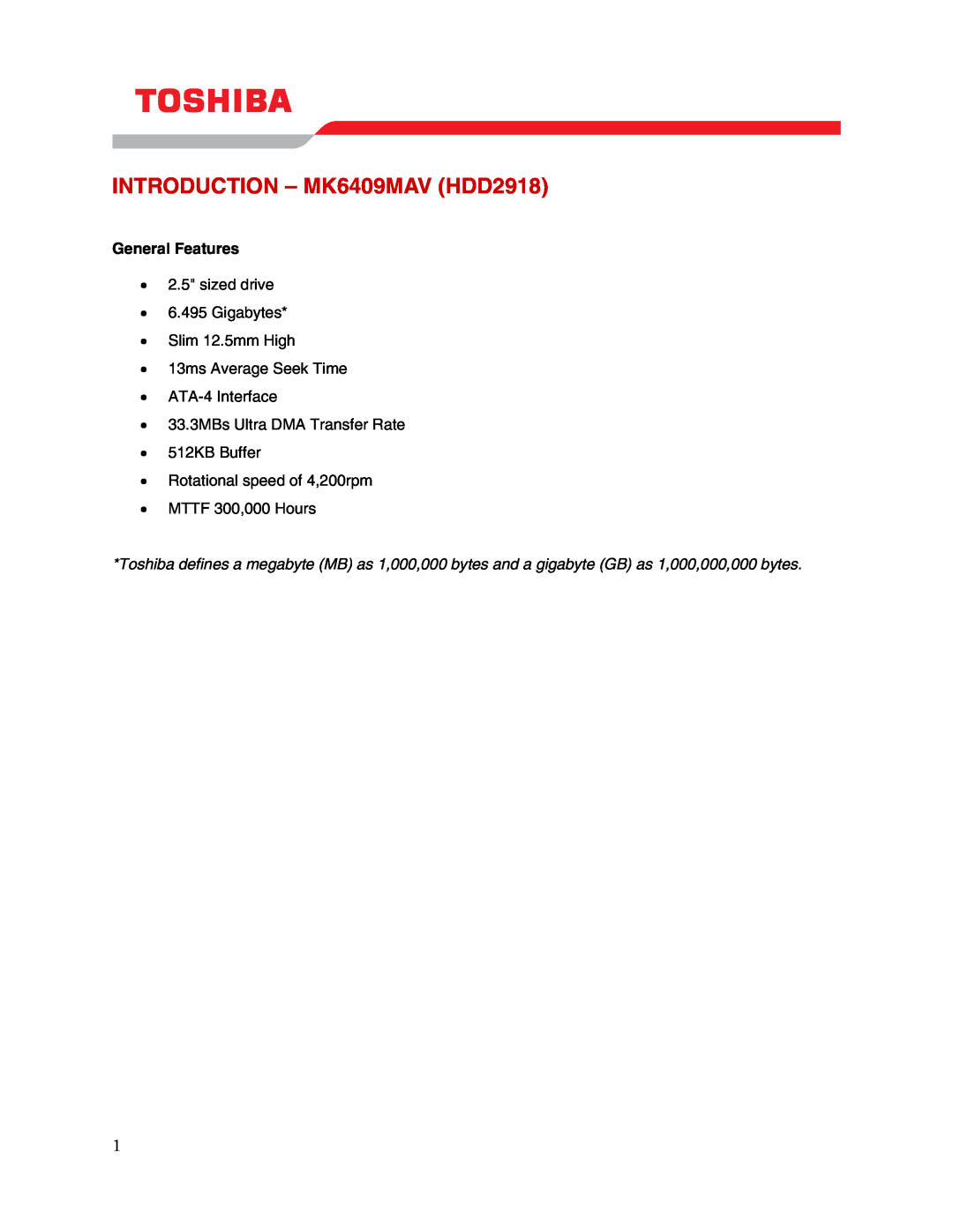 Toshiba user manual INTRODUCTION - MK6409MAV HDD2918, General Features 