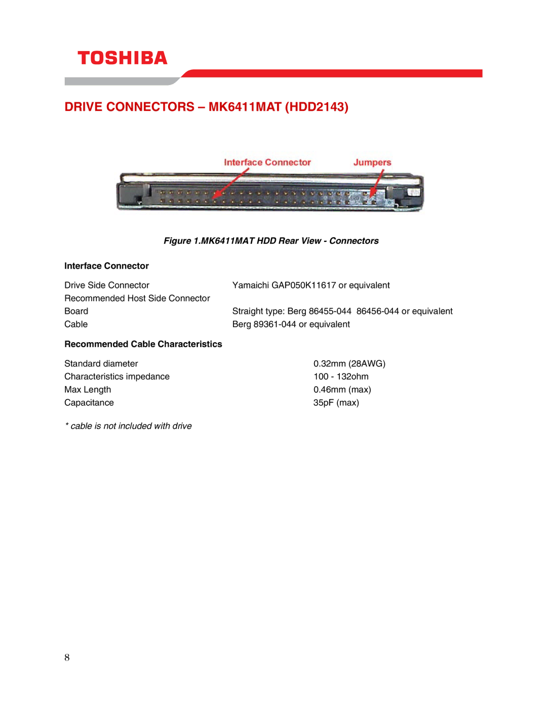 Toshiba user manual Drive Connectors MK6411MAT HDD2143, Interface Connector, Recommended Cable Characteristics 