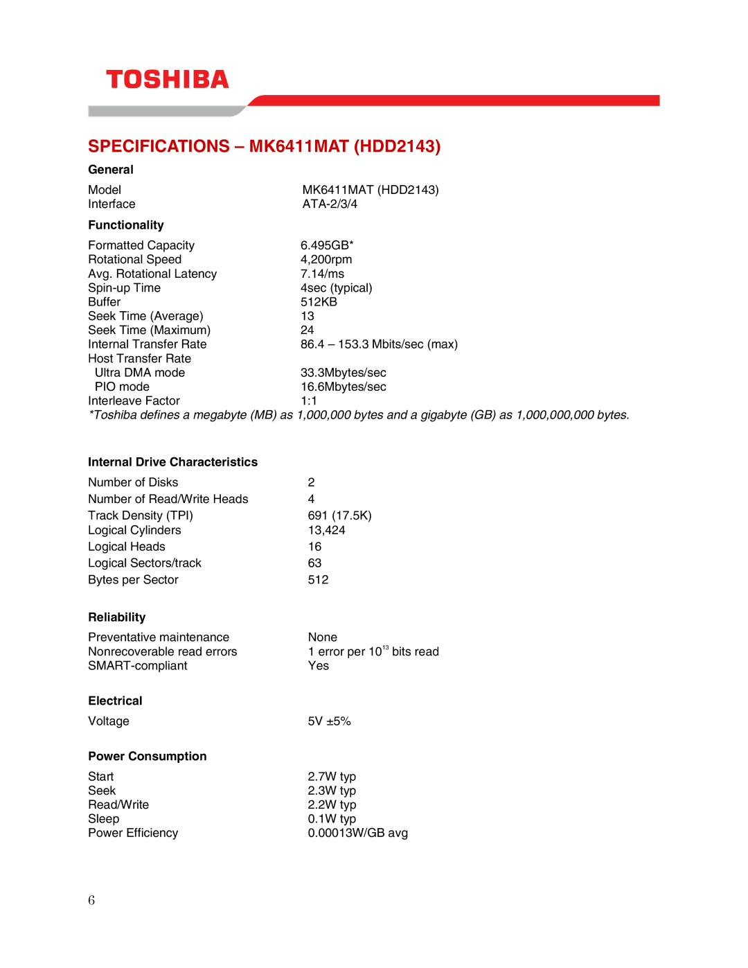 Toshiba user manual Specifications MK6411MAT HDD2143 