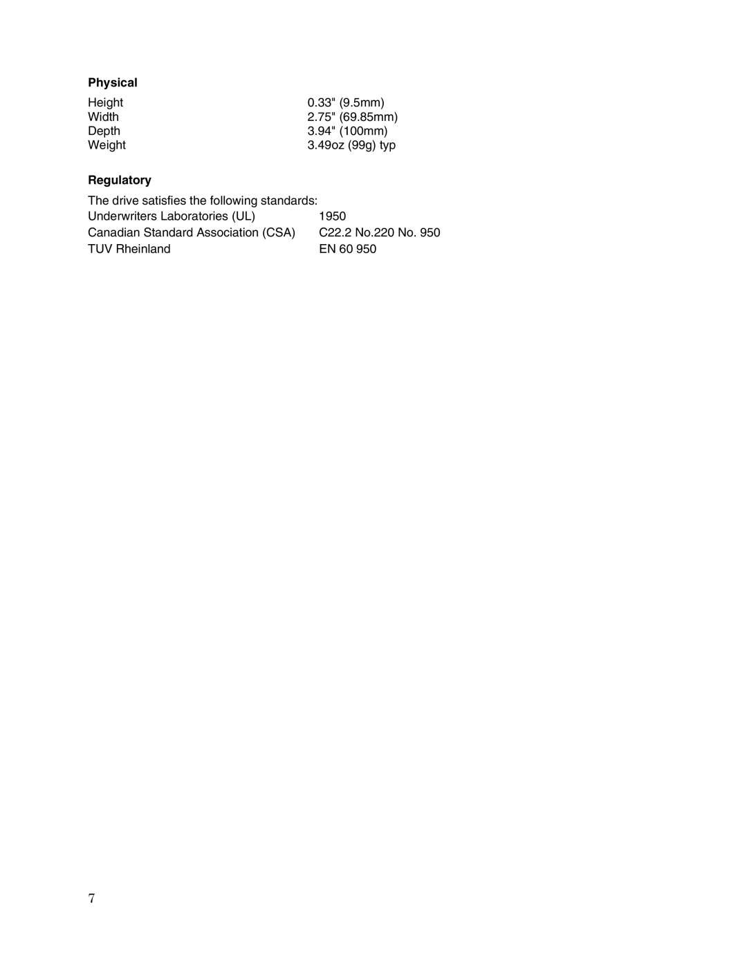 Toshiba MK6411MAT user manual Physical, Regulatory 