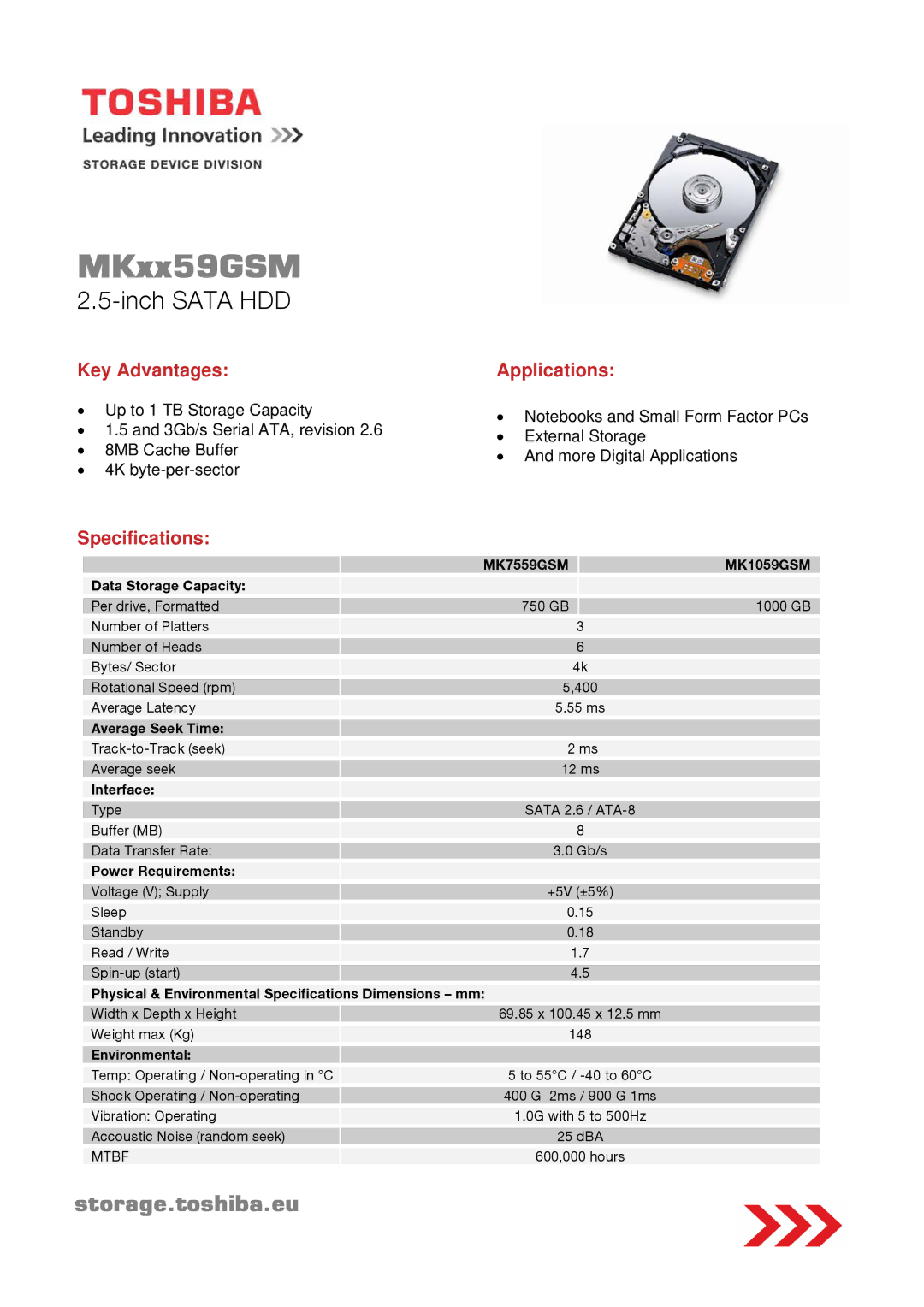 Toshiba MK7559GSM specifications MKxx59GSM, Inch Sata HDD, Key Advantages Applications, Specifications 