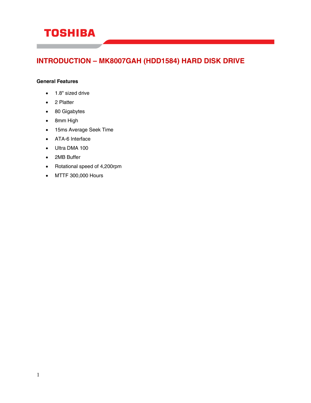 Toshiba user manual Introduction MK8007GAH HDD1584 Hard Disk Drive, General Features 