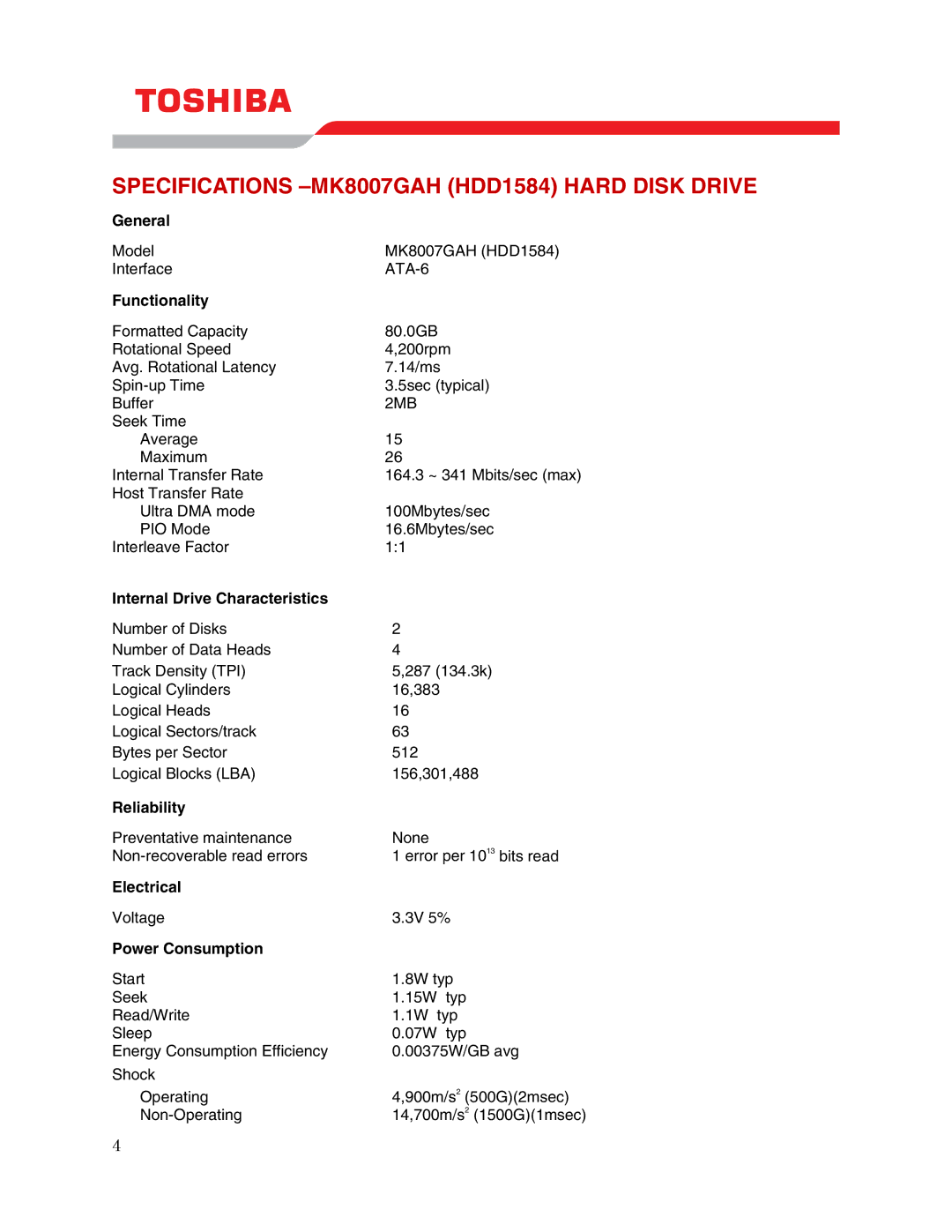 Toshiba user manual Specifications -MK8007GAH HDD1584 Hard Disk Drive 