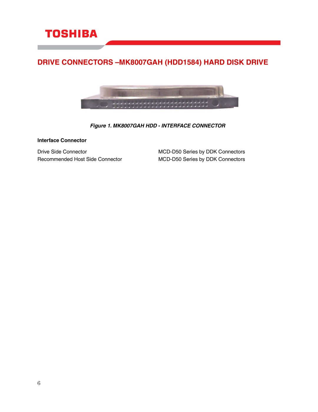 Toshiba user manual Drive Connectors -MK8007GAH HDD1584 Hard Disk Drive, Interface Connector 