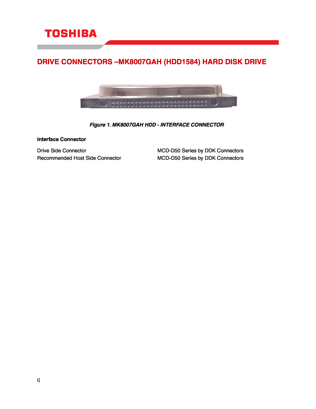 Toshiba DRIVE CONNECTORS -MK8007GAH HDD1584 HARD DISK DRIVE, MK8007GAH HDD - INTERFACE CONNECTOR, Interface Connector 
