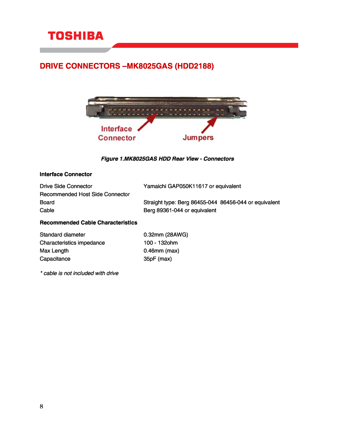 Toshiba user manual DRIVE CONNECTORS -MK8025GAS HDD2188, MK8025GAS HDD Rear View - Connectors, Interface Connector 
