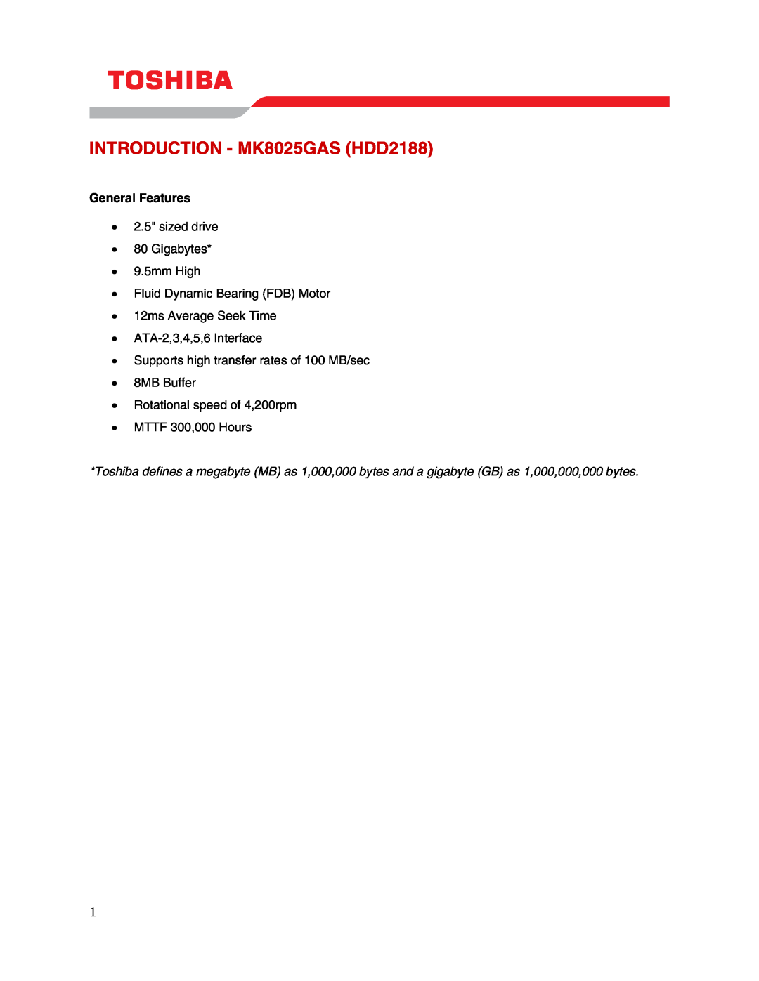 Toshiba user manual INTRODUCTION - MK8025GAS HDD2188, General Features 